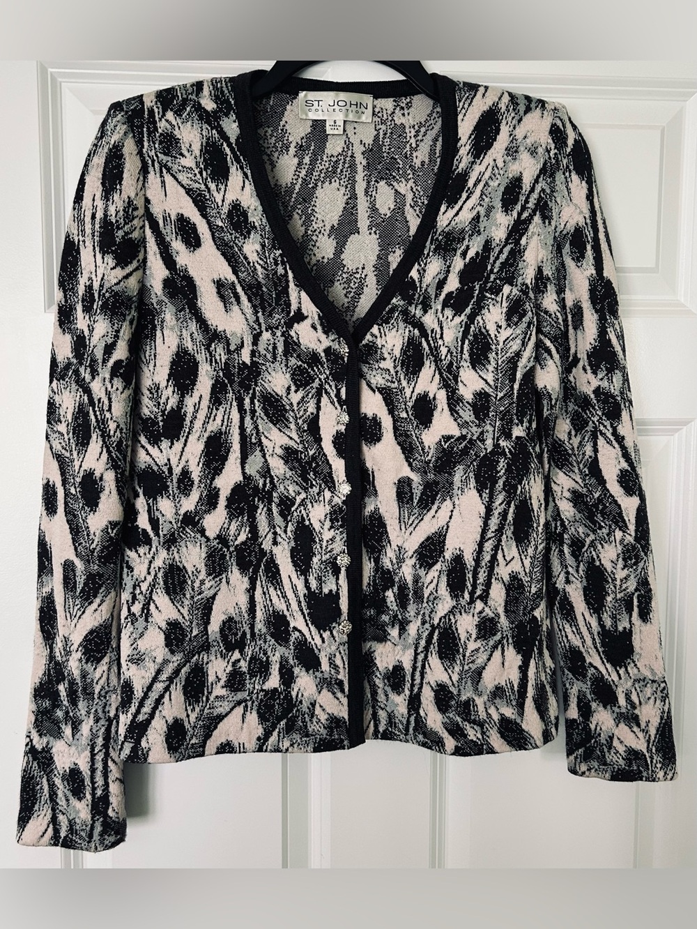 St. John Collection Santana Knit Feather-Print Cardigan in Black & Ivory